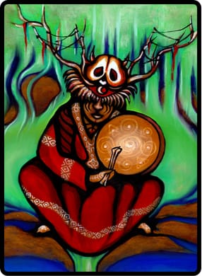 The Shaman - דמות עם תוף וענפים על רקע ירוק